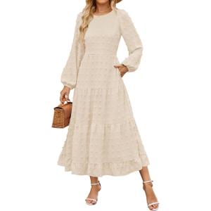 imageZESICA Womens Spring Long Sleeve Maxi Dresses Casual Crew Neck Swiss Dot Tiered Flowy A Line Wedding Guest DressBeige