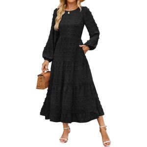 imageZESICA Womens Spring Long Sleeve Maxi Dresses Casual Crew Neck Swiss Dot Tiered Flowy A Line Wedding Guest DressBlack