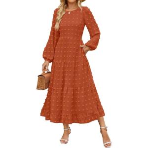 imageZESICA Womens Spring Long Sleeve Maxi Dresses Casual Crew Neck Swiss Dot Tiered Flowy A Line Wedding Guest DressBrick Red