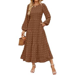 imageZESICA Womens Spring Long Sleeve Maxi Dresses Casual Crew Neck Swiss Dot Tiered Flowy A Line Wedding Guest DressBrown