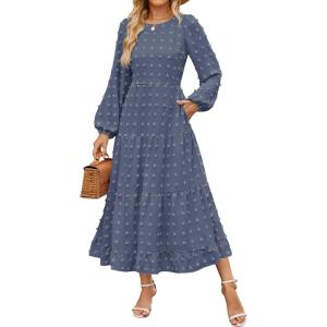 imageZESICA Womens Spring Long Sleeve Maxi Dresses Casual Crew Neck Swiss Dot Tiered Flowy A Line Wedding Guest DressDusty Blue