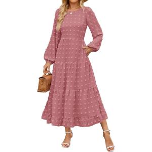 imageZESICA Womens Spring Long Sleeve Maxi Dresses Casual Crew Neck Swiss Dot Tiered Flowy A Line Wedding Guest DressDusty Pink
