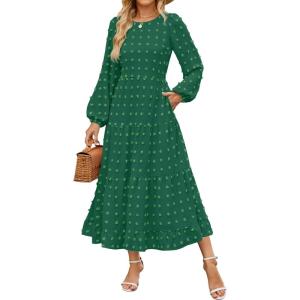 imageZESICA Womens Spring Long Sleeve Maxi Dresses Casual Crew Neck Swiss Dot Tiered Flowy A Line Wedding Guest DressGreen