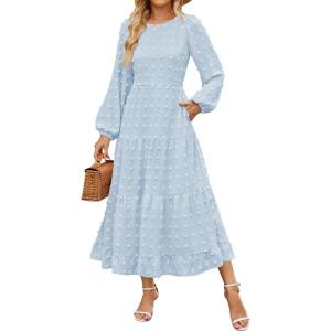 imageZESICA Womens Spring Long Sleeve Maxi Dresses Casual Crew Neck Swiss Dot Tiered Flowy A Line Wedding Guest DressLight Blue