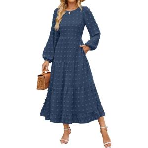 imageZESICA Womens Spring Long Sleeve Maxi Dresses Casual Crew Neck Swiss Dot Tiered Flowy A Line Wedding Guest DressNavy