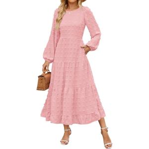 imageZESICA Womens Spring Long Sleeve Maxi Dresses Casual Crew Neck Swiss Dot Tiered Flowy A Line Wedding Guest DressPink