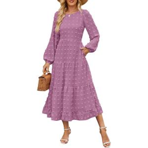 imageZESICA Womens Spring Long Sleeve Maxi Dresses Casual Crew Neck Swiss Dot Tiered Flowy A Line Wedding Guest DressPurple