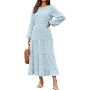 imageZESICA Womens Spring Long Sleeve Maxi Dresses Casual Crew Neck Swiss Dot Tiered Flowy A Line Wedding Guest DressSky