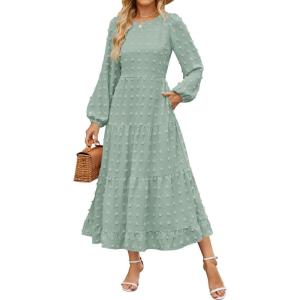 imageZESICA Womens Spring Long Sleeve Maxi Dresses Casual Crew Neck Swiss Dot Tiered Flowy A Line Wedding Guest DressTurquoise