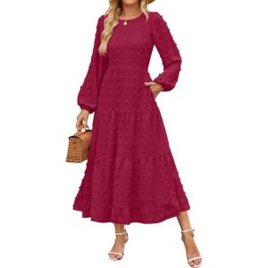 imageZESICA Womens Spring Long Sleeve Maxi Dresses Casual Crew Neck Swiss Dot Tiered Flowy A Line Wedding Guest DressWine Red