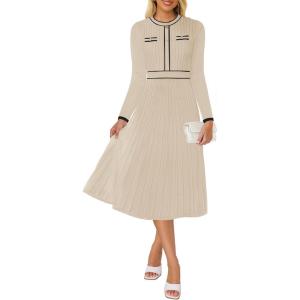 imageZESICA Womens Spring Pleated Sweater Dress Long Sleeve Crewneck Ribbed Knitted Midi DressesApricot