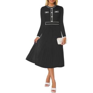 imageZESICA Womens Spring Pleated Sweater Dress Long Sleeve Crewneck Ribbed Knitted Midi DressesBlack