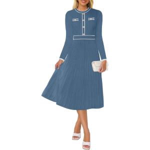 imageZESICA Womens Spring Pleated Sweater Dress Long Sleeve Crewneck Ribbed Knitted Midi DressesDarkblue