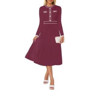 imageZESICA Womens Spring Pleated Sweater Dress Long Sleeve Crewneck Ribbed Knitted Midi DressesFuchsia