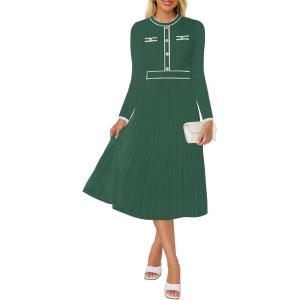 imageZESICA Womens Spring Pleated Sweater Dress Long Sleeve Crewneck Ribbed Knitted Midi DressesGreen