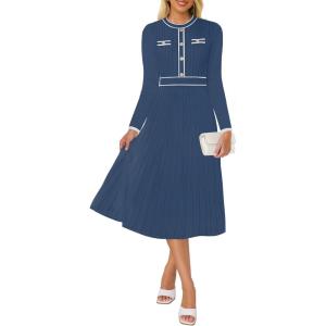 imageZESICA Womens Spring Pleated Sweater Dress Long Sleeve Crewneck Ribbed Knitted Midi DressesNavy