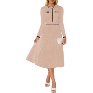 imageZESICA Womens Spring Pleated Sweater Dress Long Sleeve Crewneck Ribbed Knitted Midi DressesOatmeal