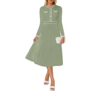 imageZESICA Womens Spring Pleated Sweater Dress Long Sleeve Crewneck Ribbed Knitted Midi DressesOlive