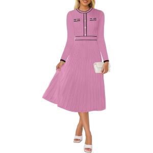 imageZESICA Womens Spring Pleated Sweater Dress Long Sleeve Crewneck Ribbed Knitted Midi DressesPinkpurple