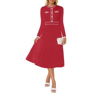 imageZESICA Womens Spring Pleated Sweater Dress Long Sleeve Crewneck Ribbed Knitted Midi DressesRed