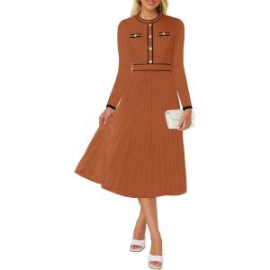 imageZESICA Womens Spring Pleated Sweater Dress Long Sleeve Crewneck Ribbed Knitted Midi DressesRust