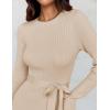 imageZESICA Womens 2025 Spring Long Sleeve Crewneck Ribbed Knit High Waist Midi Sweater Dresses with BeltApricot