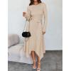 imageZESICA Womens 2025 Spring Long Sleeve Crewneck Ribbed Knit High Waist Midi Sweater Dresses with BeltApricot