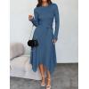 imageZESICA Womens 2025 Spring Long Sleeve Crewneck Ribbed Knit High Waist Midi Sweater Dresses with BeltDark Blue