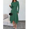 imageZESICA Womens 2025 Spring Long Sleeve Crewneck Ribbed Knit High Waist Midi Sweater Dresses with BeltGreen