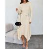 imageZESICA Womens 2025 Spring Long Sleeve Crewneck Ribbed Knit High Waist Midi Sweater Dresses with BeltIvory