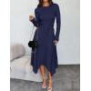 imageZESICA Womens 2025 Spring Long Sleeve Crewneck Ribbed Knit High Waist Midi Sweater Dresses with BeltNavy