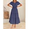 imageZESICA Womens Summer Casual Midi Dresses 2025 Short Sleeve V Neck Elastic Waist Elegant Boho Flowy Long Dress with PocketNavy