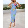 imageZESICA Womens Summer Floral Knit Bodycon Midi Dress 2025 Sleeveless Crew Neck Color Block Long Beach Party DressesBlue