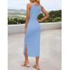 imageZESICA Womens Summer Floral Knit Bodycon Midi Dress 2025 Sleeveless Crew Neck Color Block Long Beach Party DressesBlue