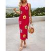 imageZESICA Womens Summer Floral Knit Bodycon Midi Dress 2025 Sleeveless Crew Neck Color Block Long Beach Party DressesRed