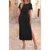imageZESICA Womens Summer Short Sleeve Bodycon Midi Dresses 2025 Casual Crewneck Knit Wrap Tie Waist T Shirt Long DressBlack