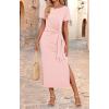 imageZESICA Womens Summer Short Sleeve Bodycon Midi Dresses 2025 Casual Crewneck Knit Wrap Tie Waist T Shirt Long DressDusty Pink