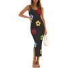 imageZESICA Womens Summer Floral Knit Bodycon Midi Dress 2025 Sleeveless Crew Neck Color Block Long Beach Party DressesBlack