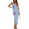 imageZESICA Womens Summer Floral Knit Bodycon Midi Dress 2025 Sleeveless Crew Neck Color Block Long Beach Party DressesBlue