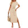 imageZESICA Womens Summer Short Sleeve Bodycon Midi Dresses 2025 Casual Crewneck Knit Wrap Tie Waist T Shirt Long DressKhaki