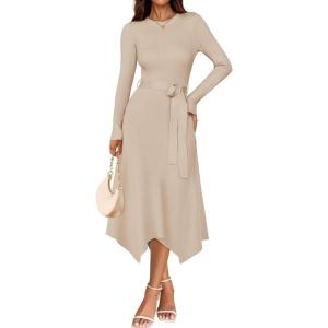 imageZESICA Womens 2025 Spring Long Sleeve Crewneck Ribbed Knit High Waist Midi Sweater Dresses with BeltApricot