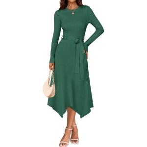 imageZESICA Womens 2025 Spring Long Sleeve Crewneck Ribbed Knit High Waist Midi Sweater Dresses with BeltGreen