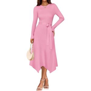 imageZESICA Womens 2025 Spring Long Sleeve Crewneck Ribbed Knit High Waist Midi Sweater Dresses with BeltPink