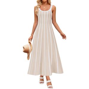 imageZESICA Womens 2025 Summer Sleeveless Striped Midi Dresses Casual A Line Swing Knit Long Dress Beach Vacation ClothesApricot