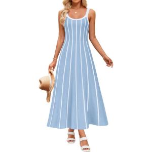 imageZESICA Womens 2025 Summer Sleeveless Striped Midi Dresses Casual A Line Swing Knit Long Dress Beach Vacation ClothesBlue