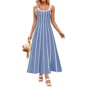 imageZESICA Womens 2025 Summer Sleeveless Striped Midi Dresses Casual A Line Swing Knit Long Dress Beach Vacation ClothesDusty Blue