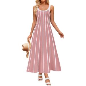 imageZESICA Womens 2025 Summer Sleeveless Striped Midi Dresses Casual A Line Swing Knit Long Dress Beach Vacation ClothesDusty Pink
