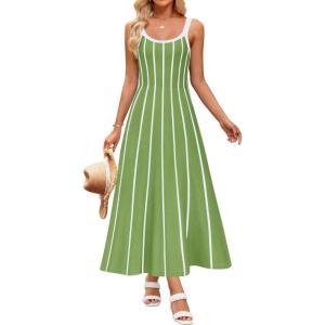 imageZESICA Womens 2025 Summer Sleeveless Striped Midi Dresses Casual A Line Swing Knit Long Dress Beach Vacation ClothesLight Green
