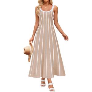 imageZESICA Womens 2025 Summer Sleeveless Striped Midi Dresses Casual A Line Swing Knit Long Dress Beach Vacation ClothesOatmeal