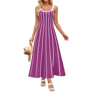imageZESICA Womens 2025 Summer Sleeveless Striped Midi Dresses Casual A Line Swing Knit Long Dress Beach Vacation ClothesPlum